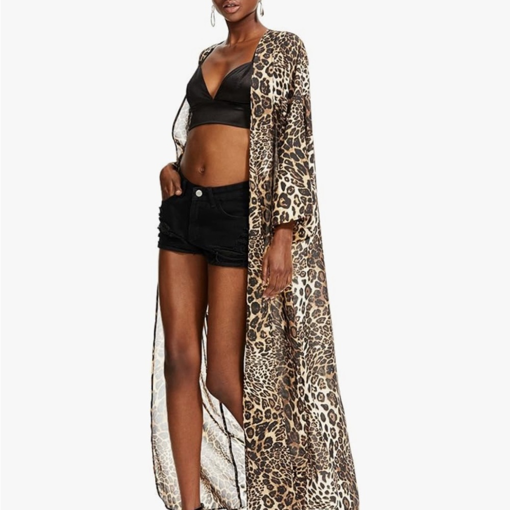 Brown Black Leopard Print Open Front Kimono Cardigan Size XL New With Tags